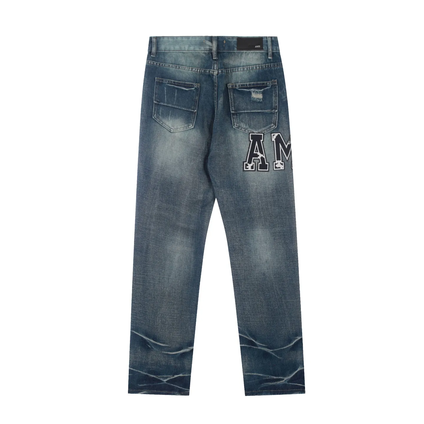 #M42 P168💰 Amiri classic embroidered patched leather distressed lettered jeans. Slim fit jeans. Produced by a major washed factory. Full of high-end. Partial destruction of the knees and patchwork design. Already used as a facade design. Leather waist nameplate. The focus of this style is not on the washing, but on the destroyed shape and version. The secret lies in the craftsmanship of the master. The cost of post-processing, grinding, cutting, etc. is far beyond the cost of assembly line products. Color: Picture color Size: 30-32-34-36