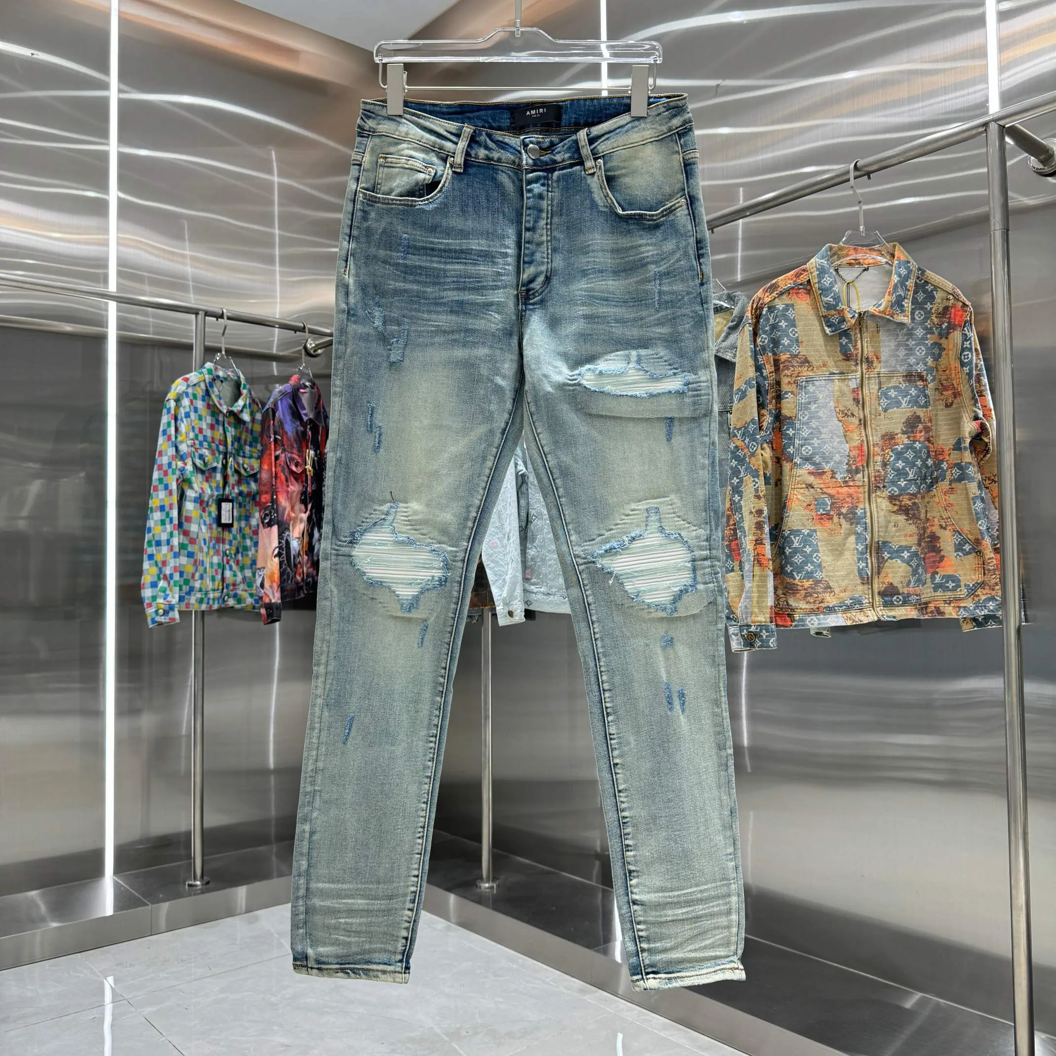 P290 Amiri ripped street fashion slim fit stretch jeans color blue size 30 32 34 36 38
