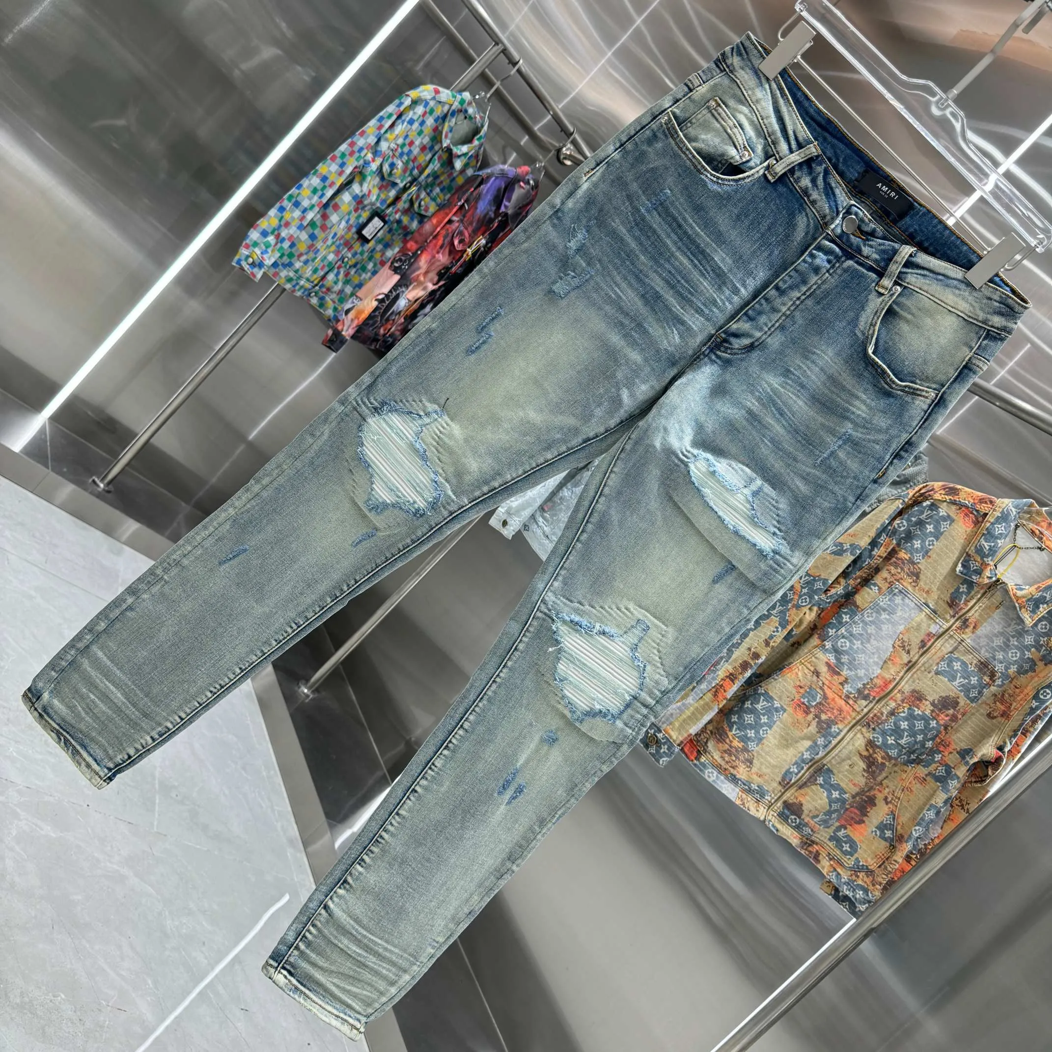 P290 Amiri ripped street fashion slim fit stretch jeans color blue size 30 32 34 36 38
