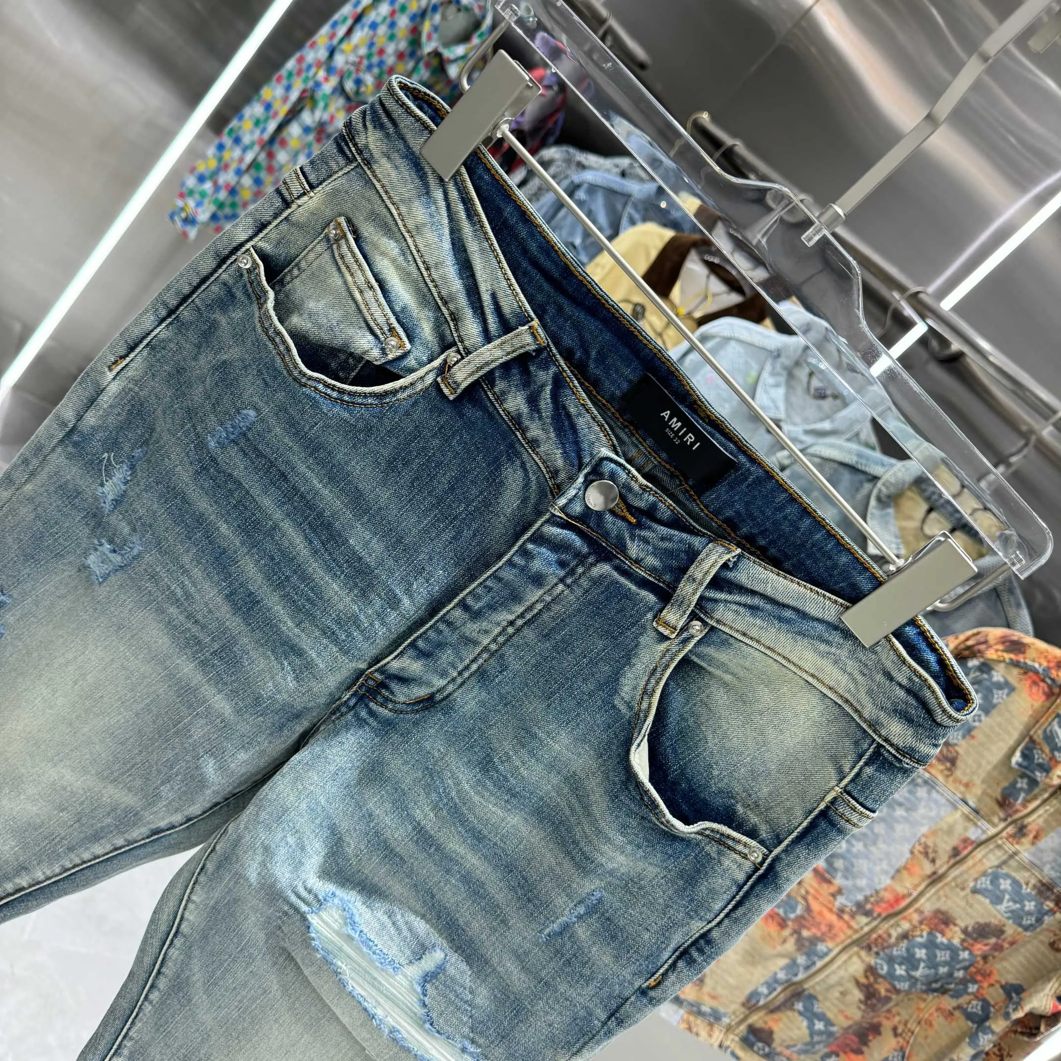 P290 Amiri ripped street fashion slim fit stretch jeans color blue size 30 32 34 36 38