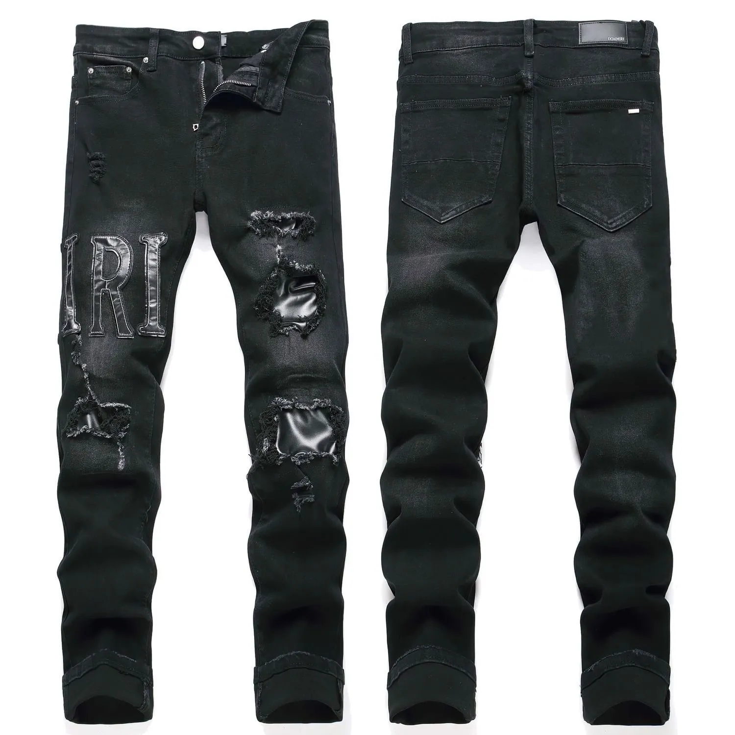 #M34 P168💰 Amiri classic embroidered patched leather ripped lettering jeans. Slim fit jeans. Produced by a major washed factory. Full of high-end. Partial destruction of the knees and patchwork design. Already used as a facade design. Leather waist nameplate. The focus of this style is not on the washing, but on the shape and version of the destruction. The secret lies in the craftsmanship of the master. The cost of post-processing, grinding, cutting, etc. is far beyond the cost of assembly line products. Color: Picture color Size: 30-32-34-36