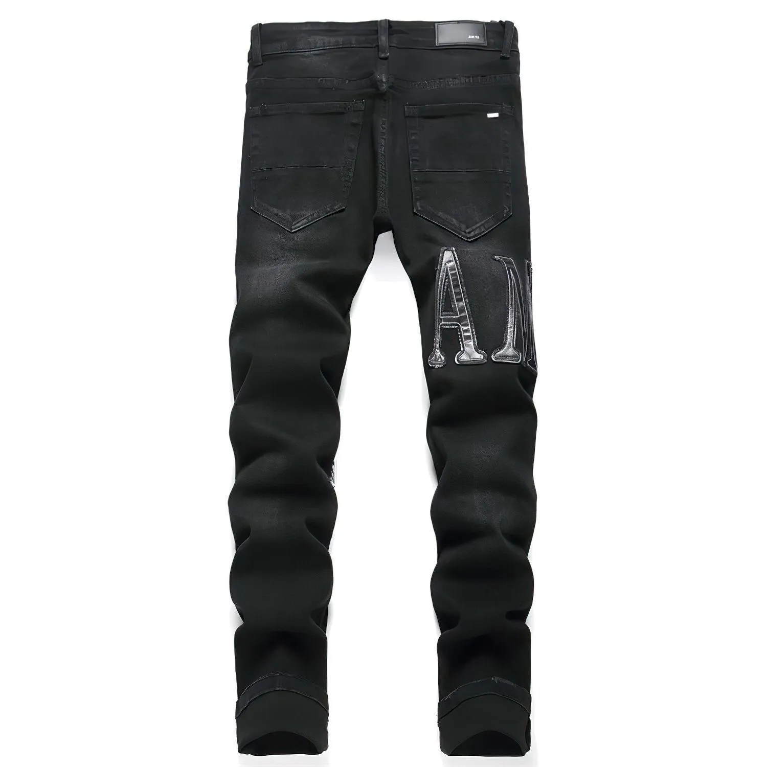 #M34 P168💰 Amiri classic embroidered patched leather ripped lettering jeans. Slim fit jeans. Produced by a major washed factory. Full of high-end. Partial destruction of the knees and patchwork design. Already used as a facade design. Leather waist nameplate. The focus of this style is not on the washing, but on the shape and version of the destruction. The secret lies in the craftsmanship of the master. The cost of post-processing, grinding, cutting, etc. is far beyond the cost of assembly line products. Color: Picture color Size: 30-32-34-36