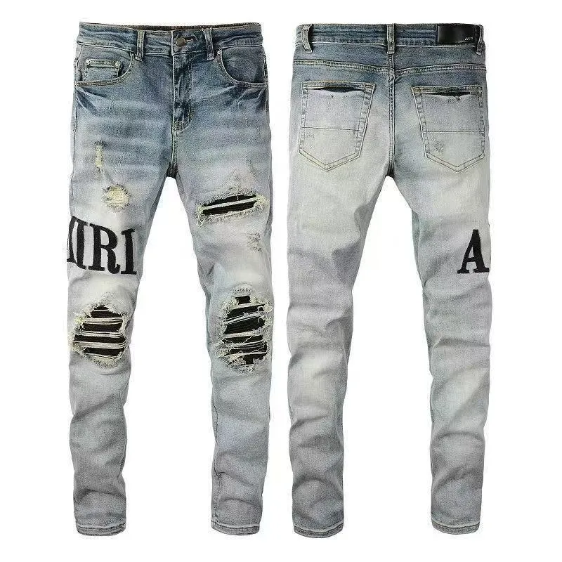 #M11 P168💰 AMIRI patch embroidery jeans trousers AMIRI high street basic ripped tight elastic jeans trousers amiri brand jeans break the production process and cutting of the original jeans, the fabrics are softer and more comfortable Hand-sewn collar label Customized logo buttons Genuine leather tag Color: Picture color Size: 30-32-34-36
