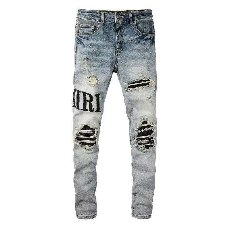 #M11 P168💰 AMIRI patch embroidery jeans trousers AMIRI high street basic ripped tight elastic jeans trousers amiri brand jeans break the production process and cutting of the original jeans, the fabrics are softer and more comfortable Hand-sewn collar label Customized logo buttons Genuine leather tag Color: Picture color Size: 30-32-34-36
