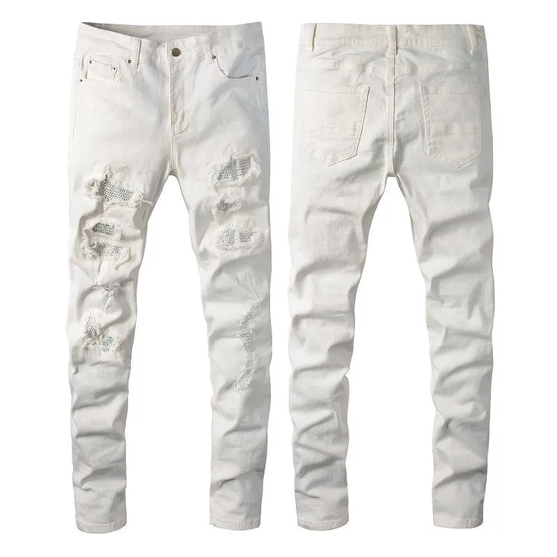 #M87 P168💰 AMIRI patch embroidery jeans trousers AMIRI high street basic ripped tight elastic jeans trousers amiri brand jeans break the production process and cutting of the original jeans, the fabrics are softer and more comfortable Hand-sewn collar label Customized logo buttons Genuine leather tag Color: Picture color Size: 30-32-34-36