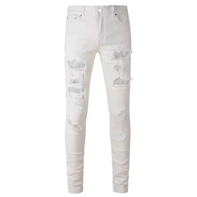 #M87 P168💰 AMIRI patch embroidery jeans trousers AMIRI high street basic ripped tight elastic jeans trousers amiri brand jeans break the production process and cutting of the original jeans, the fabrics are softer and more comfortable Hand-sewn collar label Customized logo buttons Genuine leather tag Color: Picture color Size: 30-32-34-36