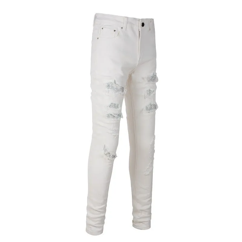 #M87 P168💰 AMIRI patch embroidery jeans trousers AMIRI high street basic ripped tight elastic jeans trousers amiri brand jeans break the production process and cutting of the original jeans, the fabrics are softer and more comfortable Hand-sewn collar label Customized logo buttons Genuine leather tag Color: Picture color Size: 30-32-34-36