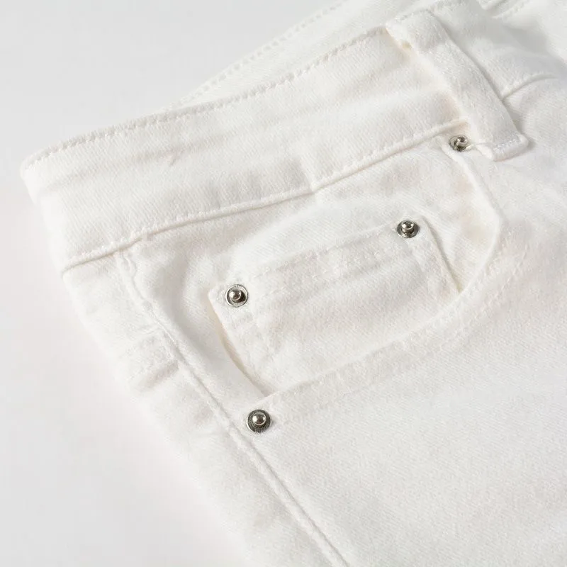 #M87 P168💰 AMIRI patch embroidery jeans trousers AMIRI high street basic ripped tight elastic jeans trousers amiri brand jeans break the production process and cutting of the original jeans, the fabrics are softer and more comfortable Hand-sewn collar label Customized logo buttons Genuine leather tag Color: Picture color Size: 30-32-34-36