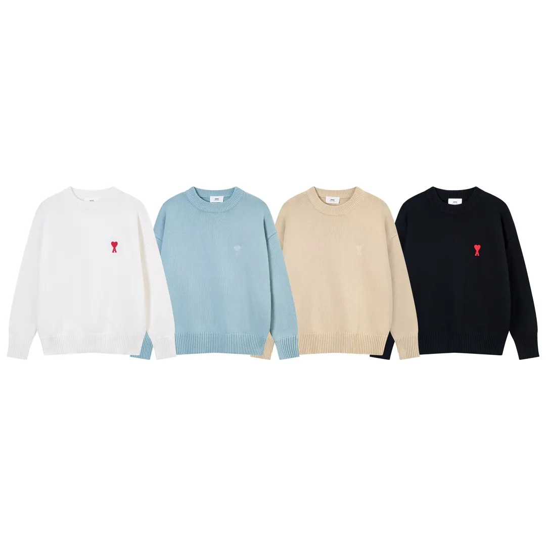 A8115# AMI Paris 2023 New Arrival Love Towel Embroidered Round Neck Sweater Single Piece M Size 750g Oversize Version Same Style for Men and Women Color: Black White Sky Blue Vanilla Apricot Size Number: S-XL