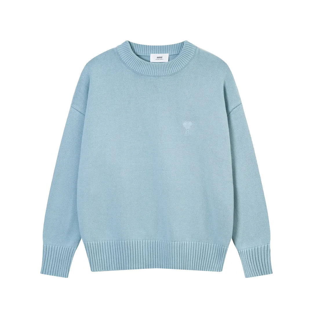 A8115# AMI Paris 2023 New Arrival Love Towel Embroidered Round Neck Sweater Single Piece M Size 750g Oversize Version Same Style for Men and Women Color: Black White Sky Blue Vanilla Apricot Size Number: S-XL
