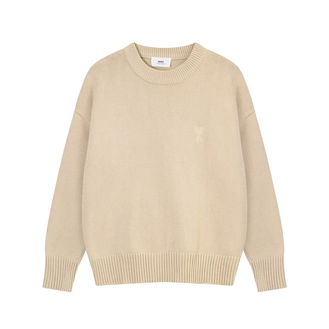 A8115# AMI Paris 2023 New Arrival Love Towel Embroidered Round Neck Sweater Single Piece M Size 750g Oversize Version Same Style for Men and Women Color: Black White Sky Blue Vanilla Apricot Size Number: S-XL