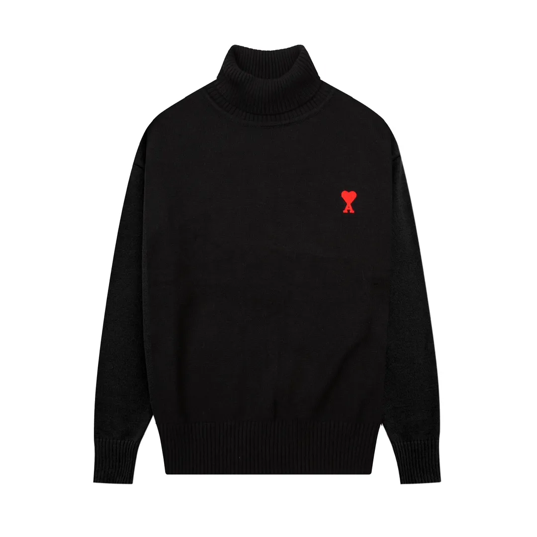 8128# Ami Paris 2023 new small love embroidered wool sweater, high collar, oversize design, same style for men and women, color: black, white, gray, size: S-XL