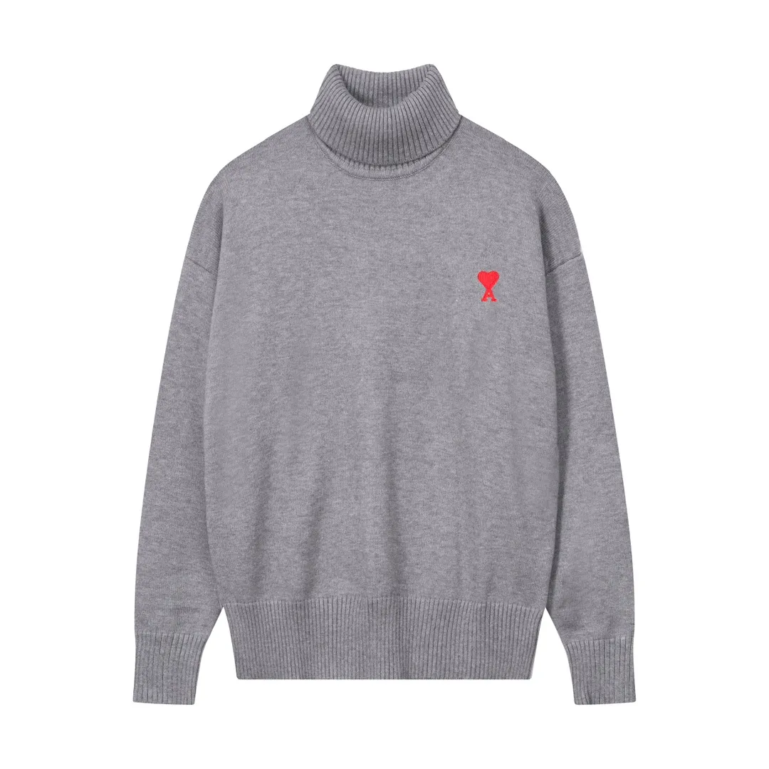 8128# Ami Paris 2023 new small love embroidered wool sweater, high collar, oversize design, same style for men and women, color: black, white, gray, size: S-XL