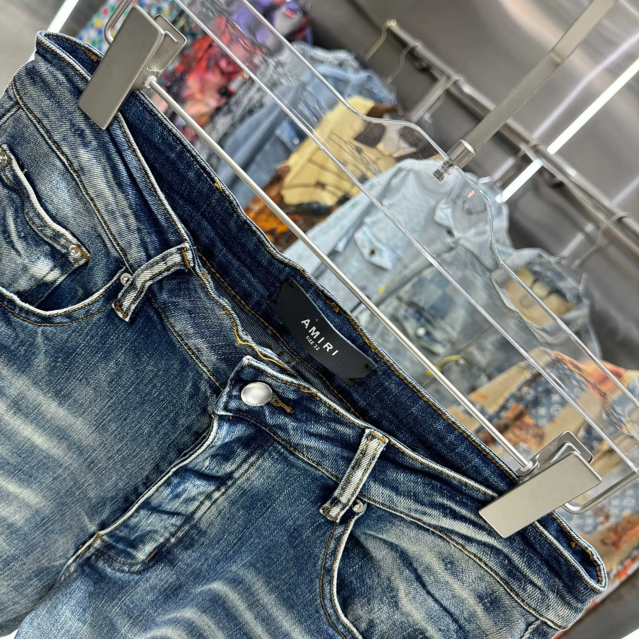 P290 Amiri ripped leather letter embroidery craft street fashion slim fit stretch jeans color blue size 30 32 34 36 38