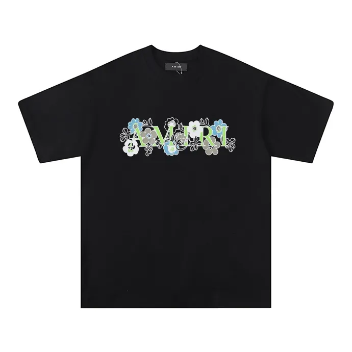 Style number: 681 P120 Fabric: 260g double yarn AMIRI 2025 spring and summer new logo round neck T-shirt high street men and women loose classic letter flower short sleeves Color: White Black Size: S M L XL