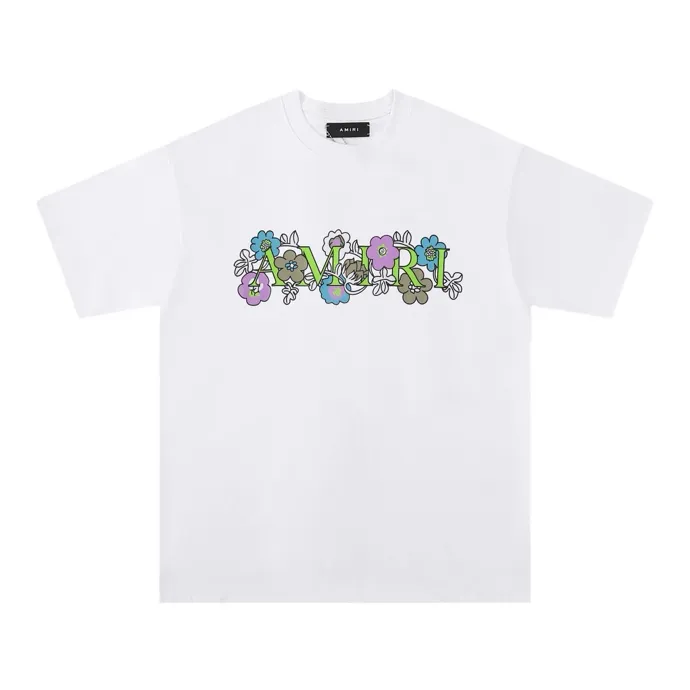Style number: 681 P120 Fabric: 260g double yarn AMIRI 2025 spring and summer new logo round neck T-shirt high street men and women loose classic letter flower short sleeves Color: White Black Size: S M L XL