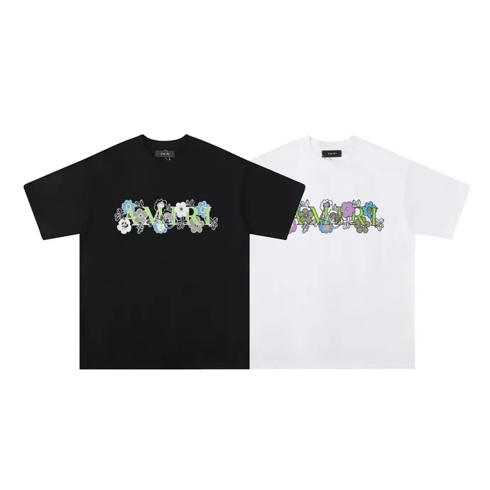 Style number: 681 P120 Fabric: 260g double yarn AMIRI 2025 spring and summer new logo round neck T-shirt high street men and women loose classic letter flower short sleeves Color: White Black Size: S M L XL