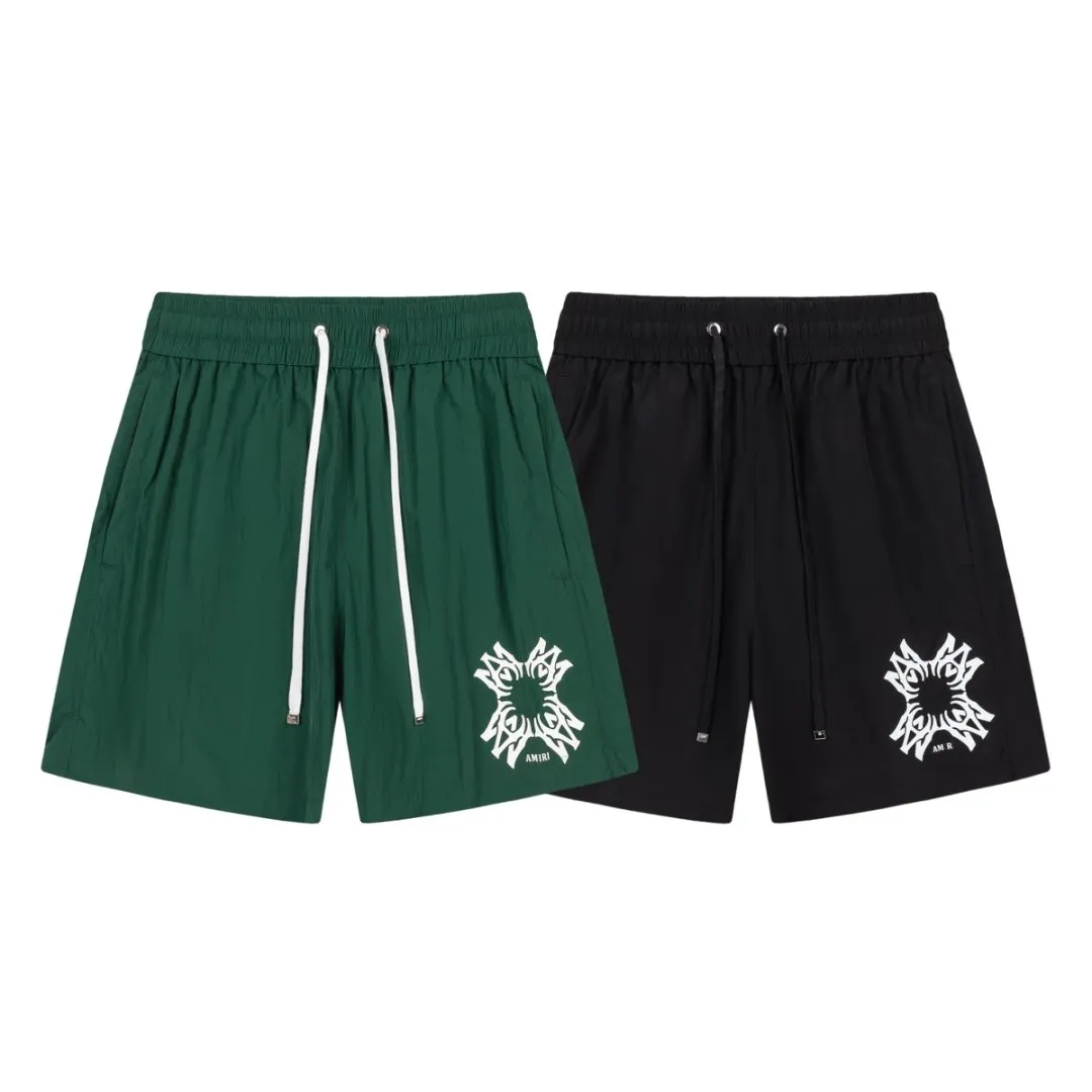 DK018#P230, AMIRI lettering film logo, cool and skin-friendly casual sports beach pants, color: black, dark green, size: S M L XL