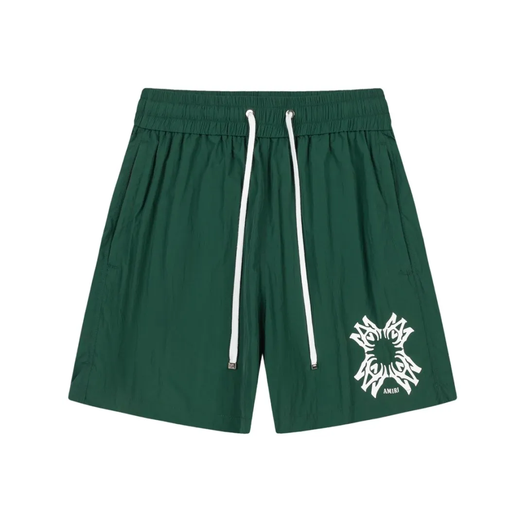 DK018#P230, AMIRI lettering film logo, cool and skin-friendly casual sports beach pants, color: black, dark green, size: S M L XL