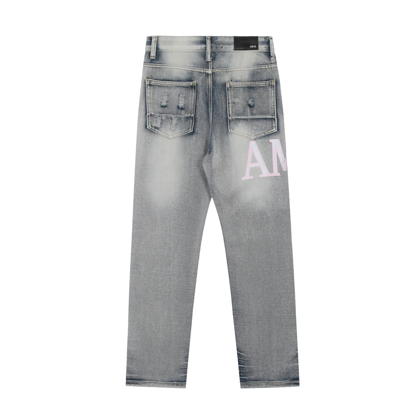 #M37 P168💰 Amiri classic embroidered patched leather ripped letter jeans, slim fit jeans, produced by a major washed factory, full of high-end feel, partially destroyed knee design with patchwork leather design, has been used as a facade design, leather waist nameplate, the focus of this style is not on the washing, but on the destroyed shape and version. The secret lies in the craftsmanship of the master. The cost of post-processing, grinding, cutting, etc. is far beyond the cost of assembly line products. Color: Picture color Size: 30-32-34-36