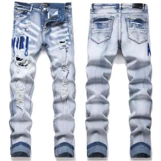 #M94 P168💰 AMIRI patch embroidery jeans trousers AMIRI high street basic ripped tight elastic jeans trousers amiri brand jeans break the production process and cutting of the original jeans, the fabrics are softer and more comfortable Hand-sewn collar label Customized logo buttons Genuine leather tag Color: Picture color Size: 30-32-34-36
