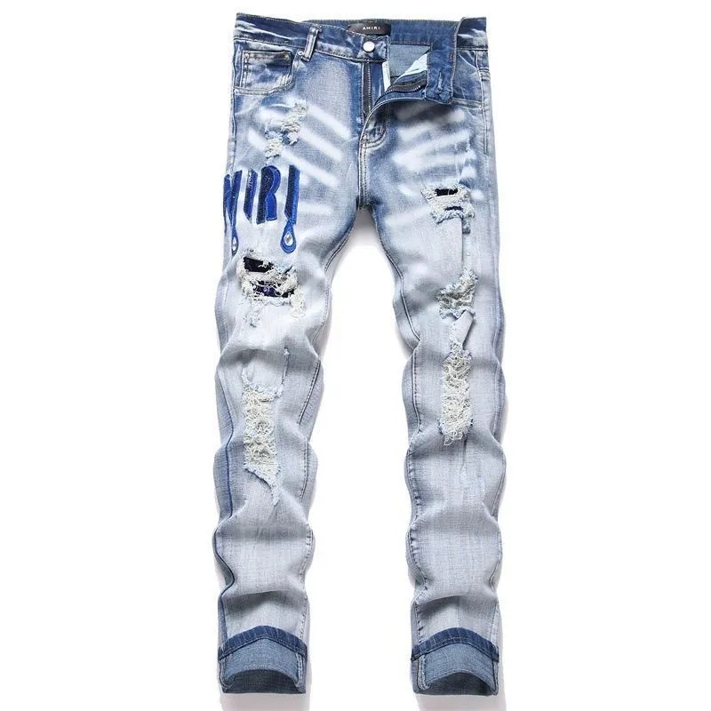 #M94 P168💰 AMIRI patch embroidery jeans trousers AMIRI high street basic ripped tight elastic jeans trousers amiri brand jeans break the production process and cutting of the original jeans, the fabrics are softer and more comfortable Hand-sewn collar label Customized logo buttons Genuine leather tag Color: Picture color Size: 30-32-34-36