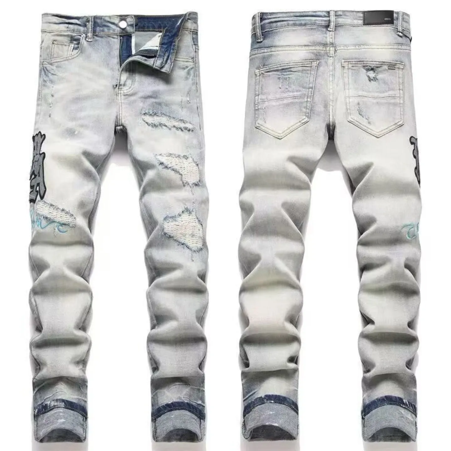 #M56 P168💰 AMIRI patch embroidery jeans trousers AMIRI high street basic ripped tight elastic jeans trousers amiri brand jeans break the production process and cutting of the original jeans, the fabrics are softer and more comfortable Hand-sewn collar label Customized logo buttons Genuine leather tag Color: Picture color Size: 30-32-34-36
