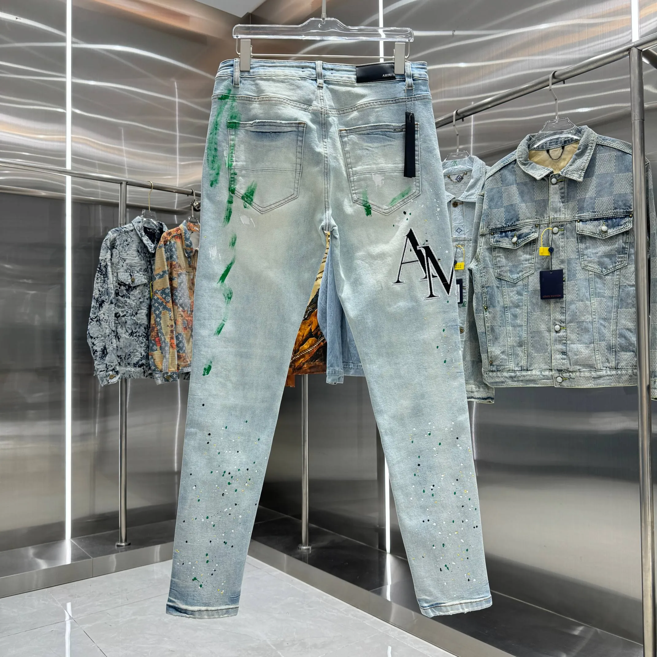 P290 Amiri graffiti letter embroidery street fashion slim fit stretch jeans Color light blue Size 30 32 34 36 38