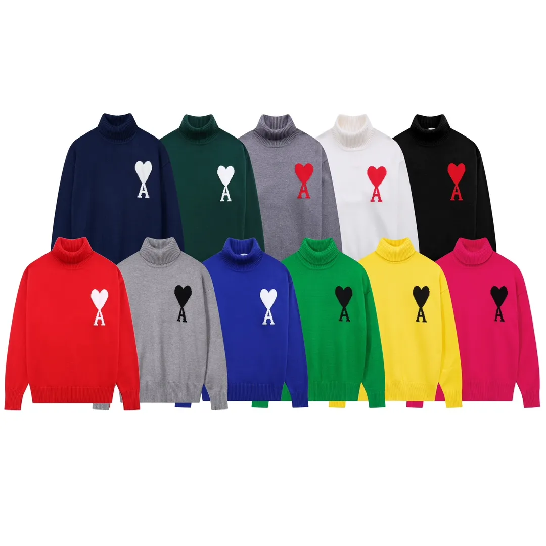 A12B#Ami Paris 2021Ami de Coeur white love love jacquard embroidered wool sweater Love A turtleneck Oversize version design Same style for men and women Color: colorful blue dark green red gray black white sapphire blue yellow red light green gray black heart Size: S-XL
