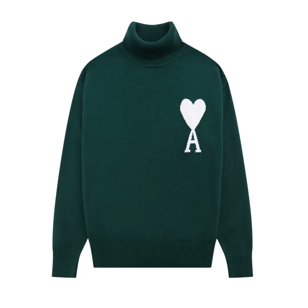 A12B#Ami Paris 2021Ami de Coeur white love love jacquard embroidered wool sweater Love A turtleneck Oversize version design Same style for men and women Color: colorful blue dark green red gray black white sapphire blue yellow red light green gray black heart Size: S-XL