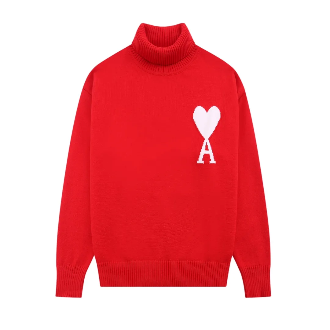 A12B#Ami Paris 2021Ami de Coeur white love love jacquard embroidered wool sweater Love A turtleneck Oversize version design Same style for men and women Color: colorful blue dark green red gray black white sapphire blue yellow red light green gray black heart Size: S-XL