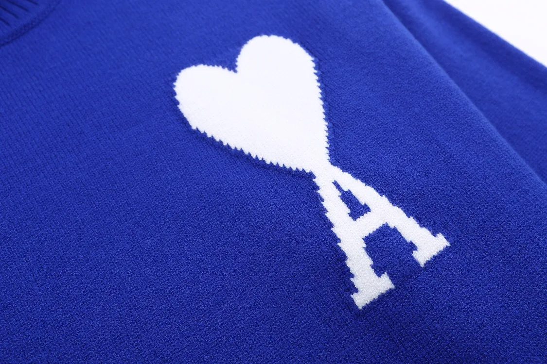 A12B#Ami Paris 2021Ami de Coeur white love love jacquard embroidered wool sweater Love A turtleneck Oversize version design Same style for men and women Color: colorful blue dark green red gray black white sapphire blue yellow red light green gray black heart Size: S-XL