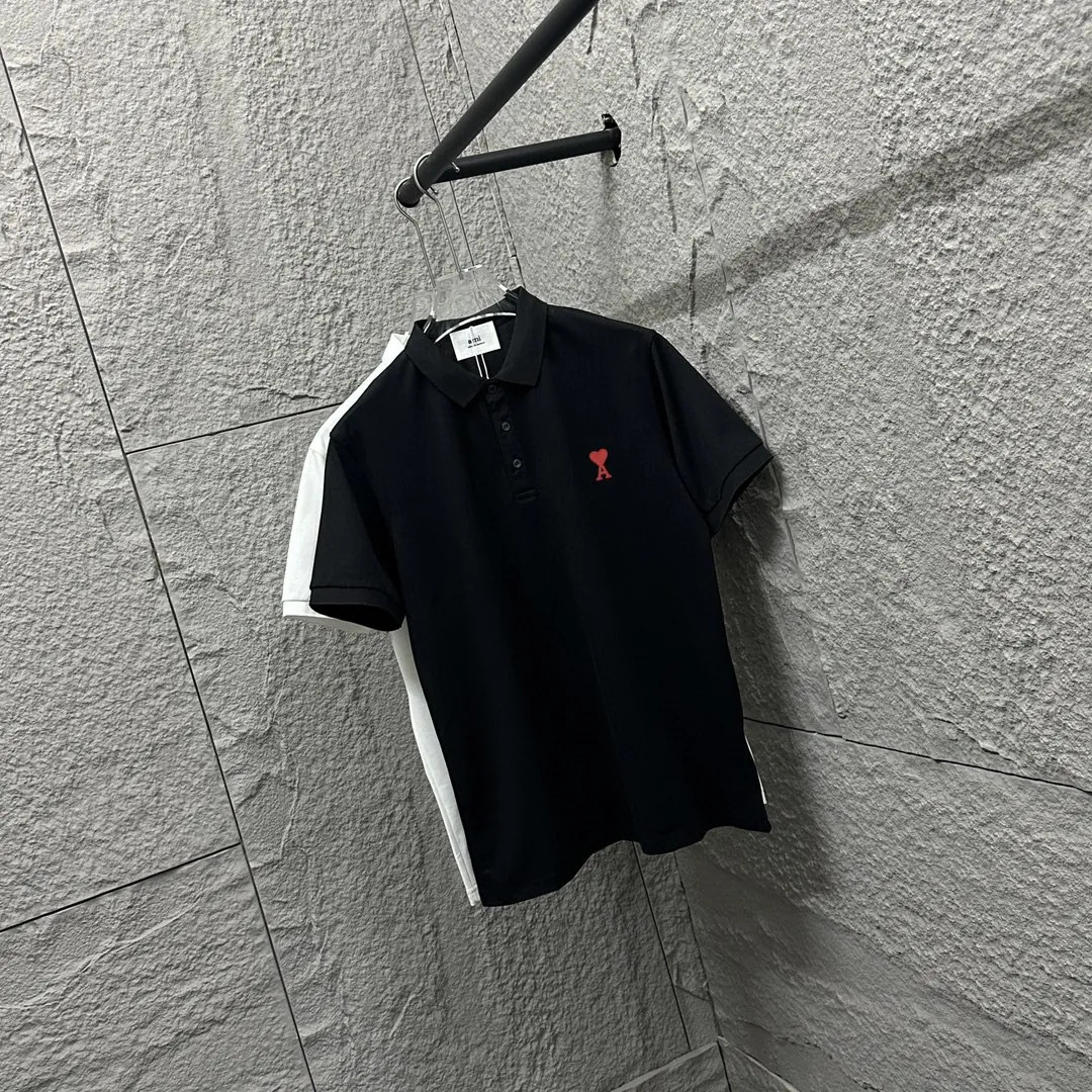 🅿️180 Ami* short-sleeved POLO 2025 spring and summer new style, simple logo small love embroidered pique fabric, short-sleeved polo stand-up collar, same style for men and women. Size: M L XL 2XL 3XL Color: black white