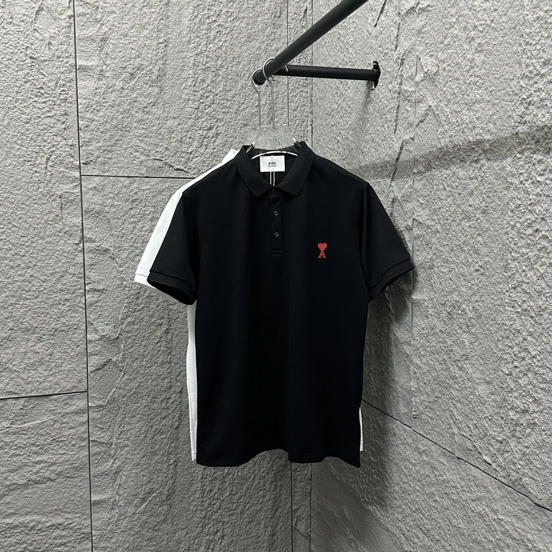 🅿️180 Ami* short-sleeved POLO 2025 spring and summer new style, simple logo small love embroidered pique fabric, short-sleeved polo stand-up collar, same style for men and women. Size: M L XL 2XL 3XL Color: black white