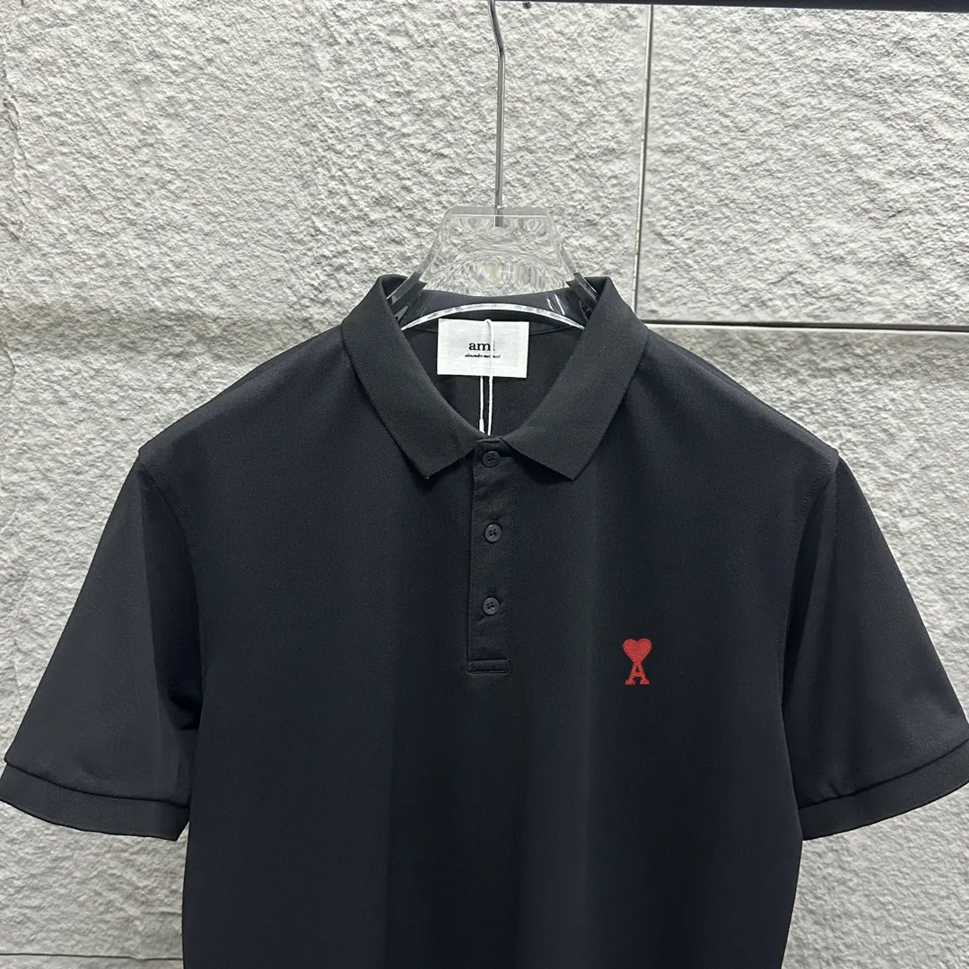 🅿️180 Ami* short-sleeved POLO 2025 spring and summer new style, simple logo small love embroidered pique fabric, short-sleeved polo stand-up collar, same style for men and women. Size: M L XL 2XL 3XL Color: black white
