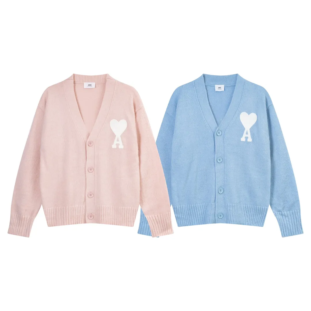A066# AMI Paris 2023 new white big love towel embroidered seahorse wool cardigan wool Oversize version, same style for men and women Color: sky blue tender pink Size: S-XL