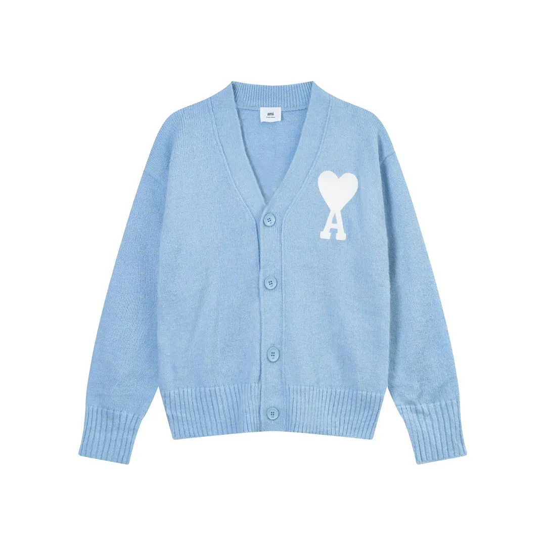 A066# AMI Paris 2023 new white big love towel embroidered seahorse wool cardigan wool Oversize version, same style for men and women Color: sky blue tender pink Size: S-XL