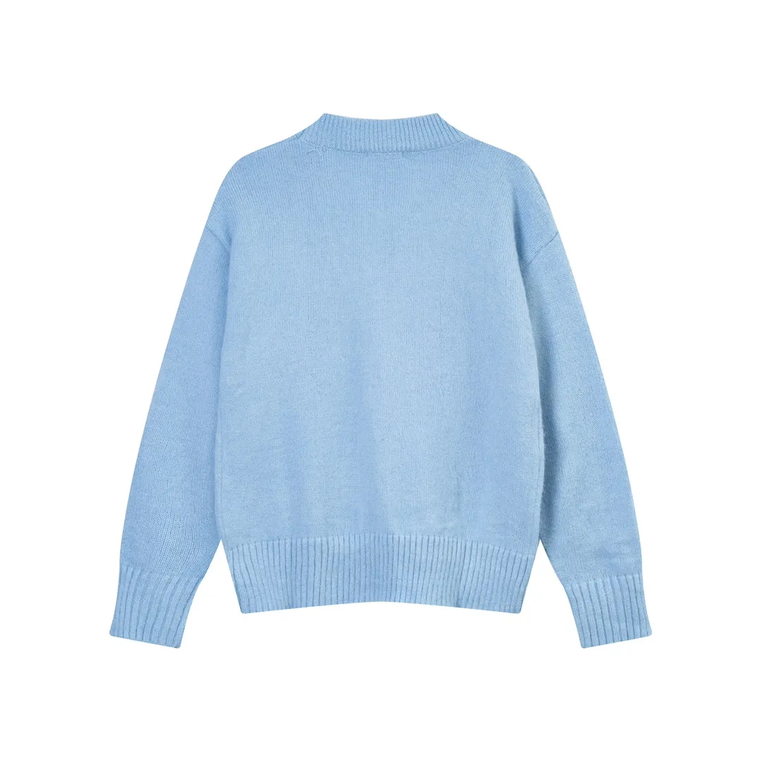 A066# AMI Paris 2023 new white big love towel embroidered seahorse wool cardigan wool Oversize version, same style for men and women Color: sky blue tender pink Size: S-XL
