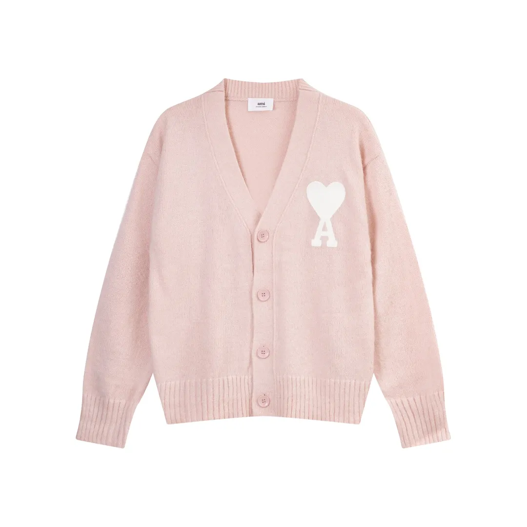 A066# AMI Paris 2023 new white big love towel embroidered seahorse wool cardigan wool Oversize version, same style for men and women Color: sky blue tender pink Size: S-XL