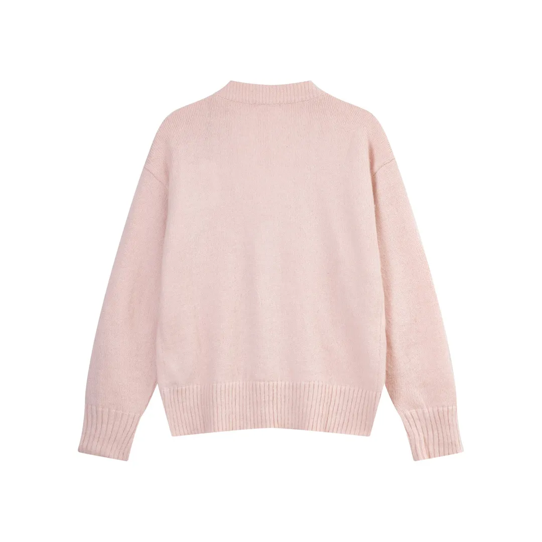 A066# AMI Paris 2023 new white big love towel embroidered seahorse wool cardigan wool Oversize version, same style for men and women Color: sky blue tender pink Size: S-XL