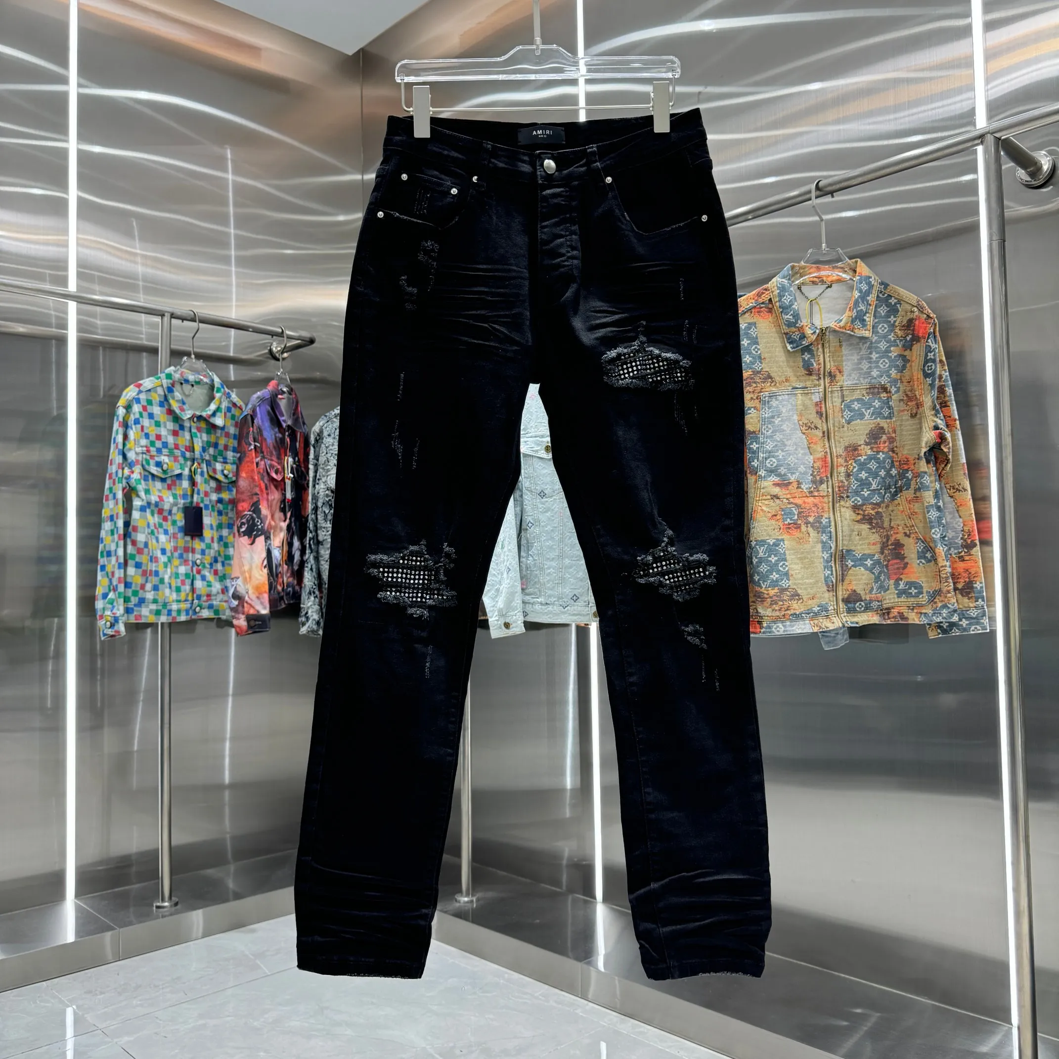 P280 Amiri ripped letter craft street fashion slim fit stretch jeans Color Black Size 30 32 34 36 38