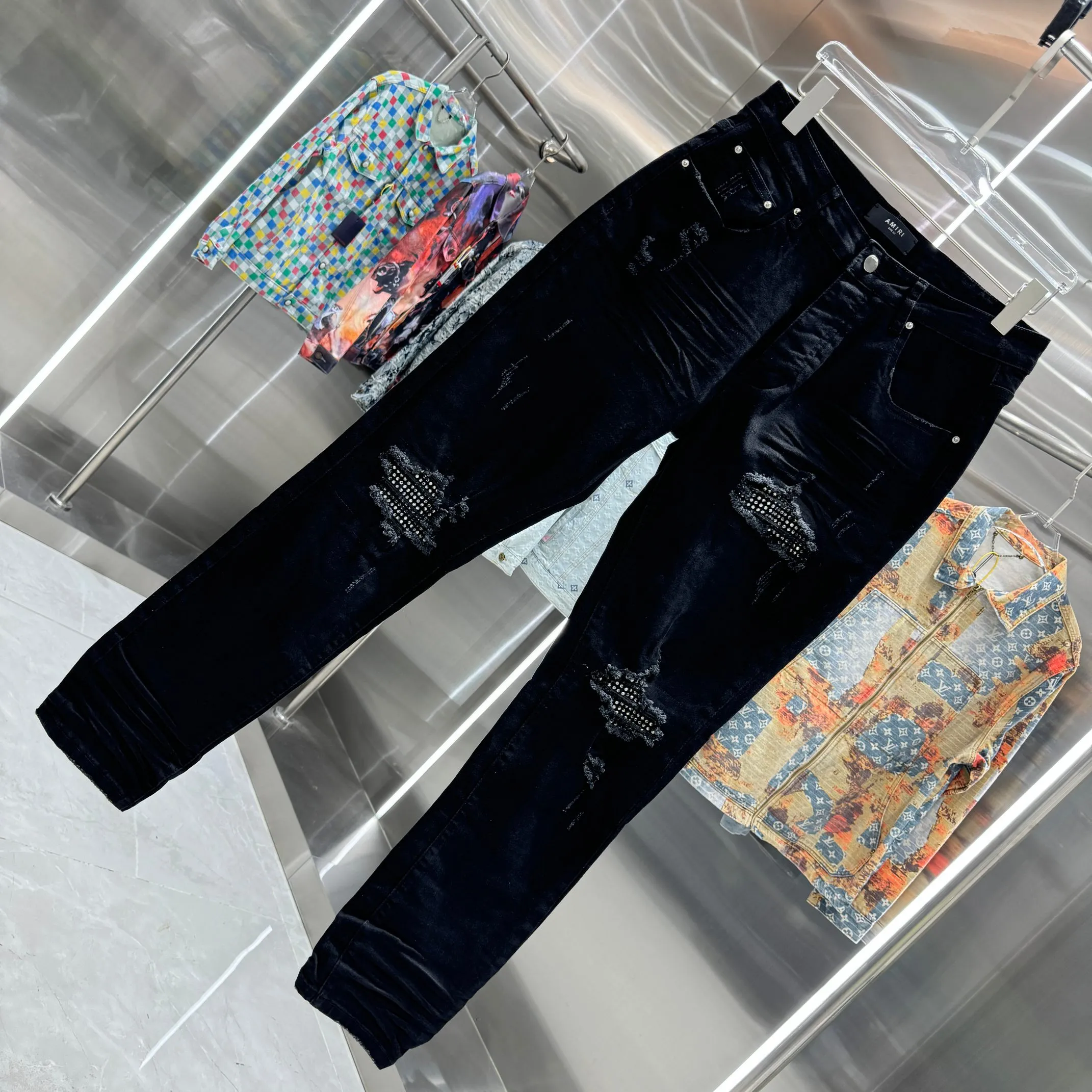 P280 Amiri ripped letter craft street fashion slim fit stretch jeans Color Black Size 30 32 34 36 38