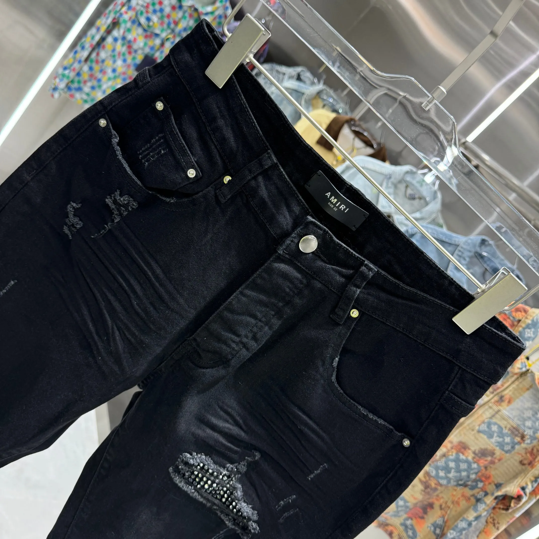 P280 Amiri ripped letter craft street fashion slim fit stretch jeans Color Black Size 30 32 34 36 38