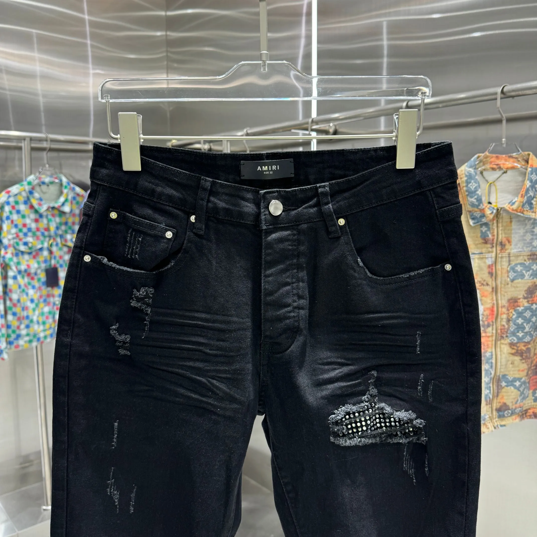 P280 Amiri ripped letter craft street fashion slim fit stretch jeans Color Black Size 30 32 34 36 38