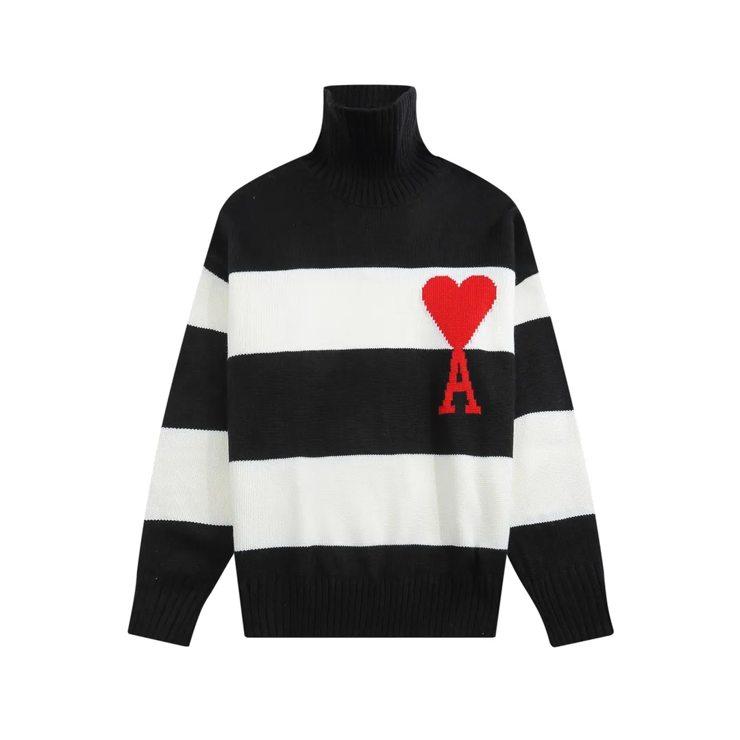 A3# AMI Paris21SS Autumn and Winter New Paris Christmas Limited Stripe Love A Embroidery Loose Lazy Style Turtleneck Sweater for Men and Women Color: Black Gray Green Size: S-XL