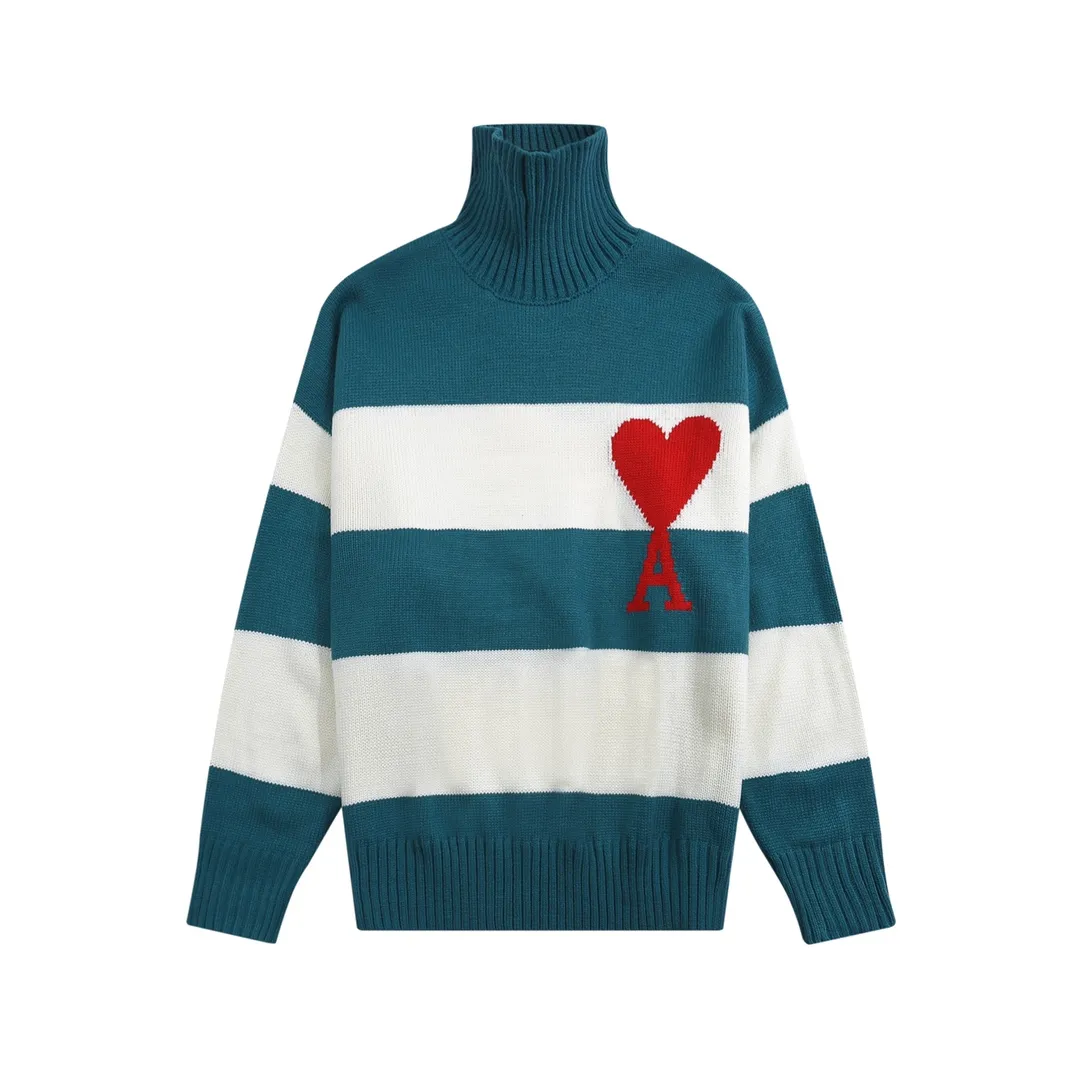 A3# AMI Paris21SS Autumn and Winter New Paris Christmas Limited Stripe Love A Embroidery Loose Lazy Style Turtleneck Sweater for Men and Women Color: Black Gray Green Size: S-XL