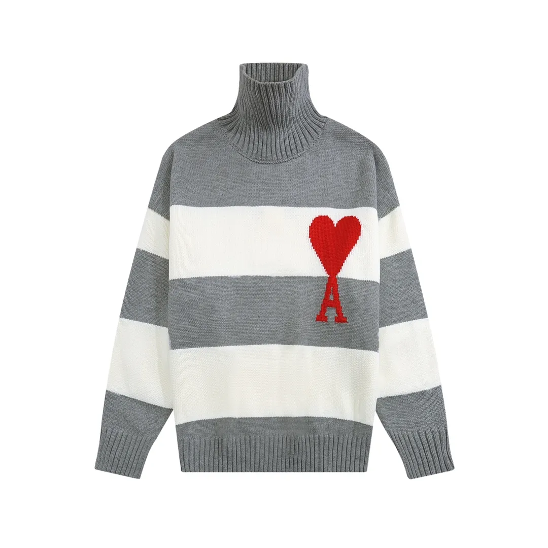 A3# AMI Paris21SS Autumn and Winter New Paris Christmas Limited Stripe Love A Embroidery Loose Lazy Style Turtleneck Sweater for Men and Women Color: Black Gray Green Size: S-XL