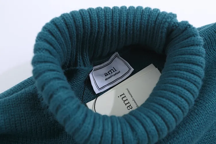 A3# AMI Paris21SS Autumn and Winter New Paris Christmas Limited Stripe Love A Embroidery Loose Lazy Style Turtleneck Sweater for Men and Women Color: Black Gray Green Size: S-XL