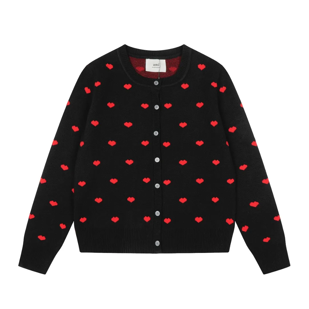 Ami/Ami's new jacquard love-printed goddess style must-have autumn and winter knitted cardigan small jacket Size: S-XL Color: White red heart Black red heart Red white heart Milky apricot purple heart Navy blue white heart Pink red heart