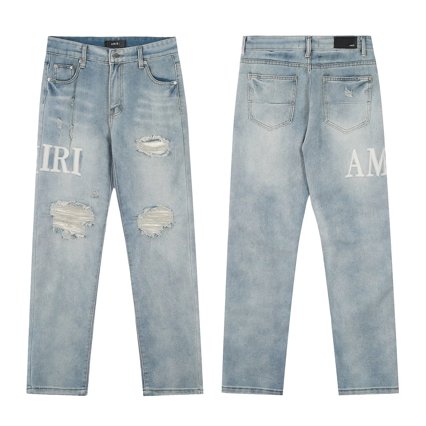#M06 P168💰 AMIRI patch embroidery jeans trousers AMIRI high street basic ripped tight elastic jeans trousers amiri brand jeans break the production process and cutting of the original jeans, the fabrics are softer and more comfortable Hand-sewn collar label Customized logo buttons Genuine leather tag Color: blue Size: 30-32-34-36
